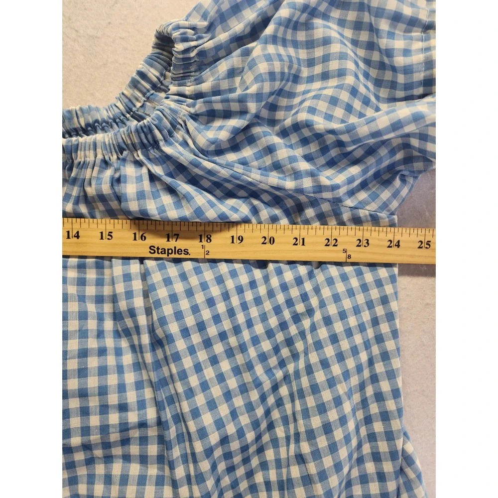 Blue Gingham 2x Vintage Two Piece Set Off‎ Shoulder Top and Ruffle Midi Skirt
